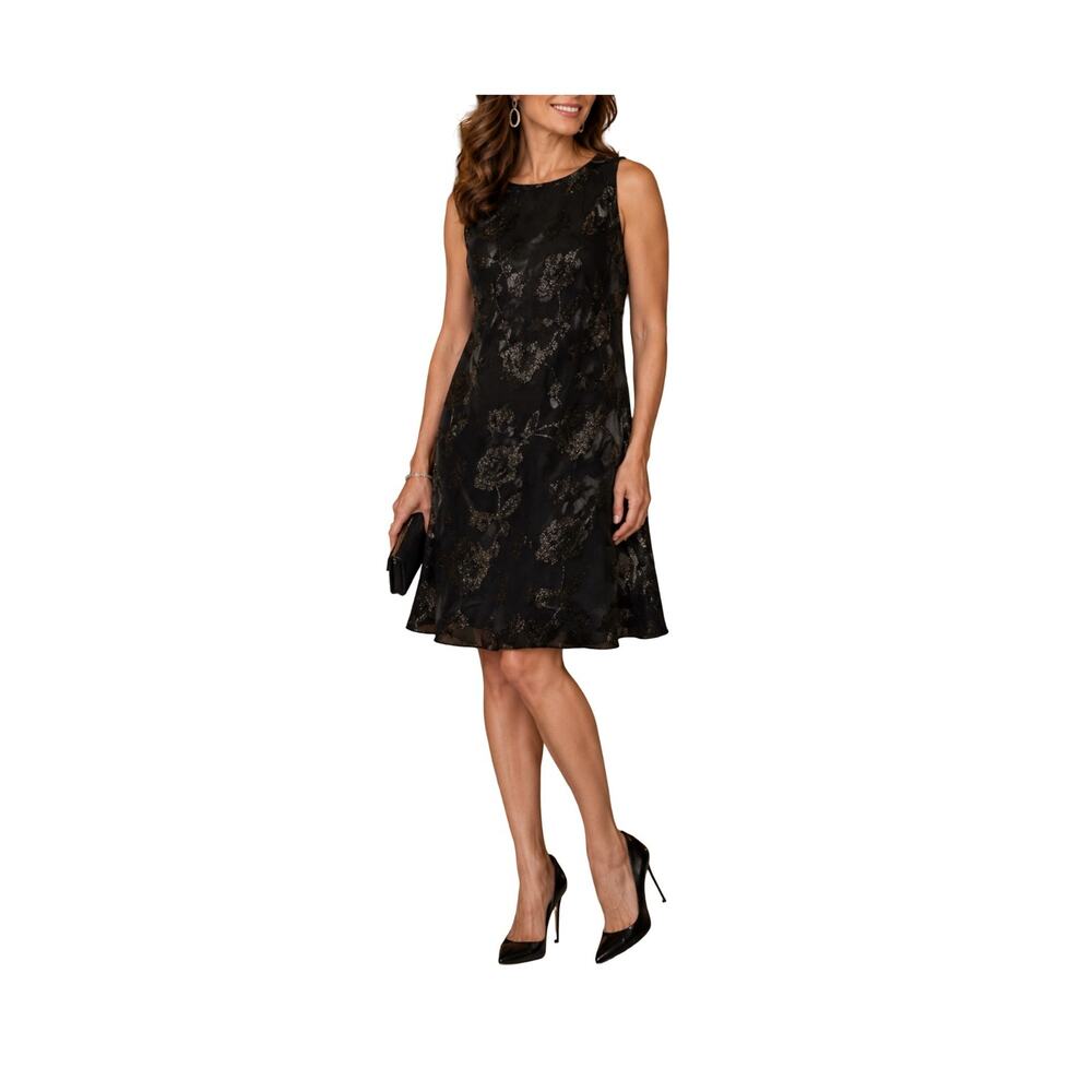CHAPS Dress Womens Size 14 Black Metallic Floral Fit Flare Cocktail Evening Part
